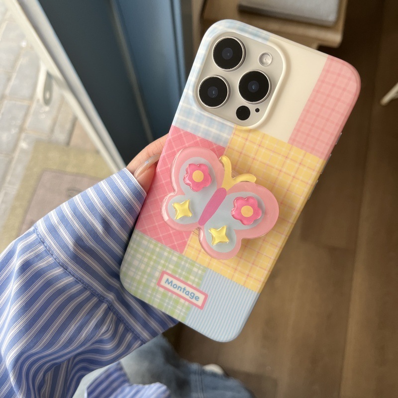 เคสตารางพาสเทล + griptok ผีเสื้อ เคสไอโฟน พร้อมส่ง เคสสำหรับ IPHONE CASE 12-16PROMAX