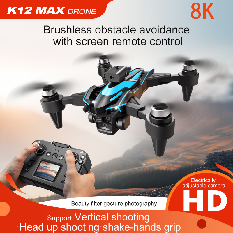 2025 ใหม่ K12 หน้าจอ LCD กล้อง 8K HD, Brushless Motor Obstacle Avoidance พับได้, เฮลิคอปเตอร์ของเล่น RC, ใบพัดในสี