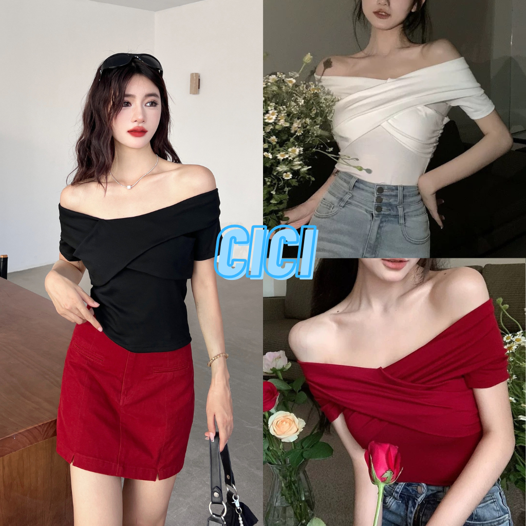 Cici(NO.1068)เสื้อเรยอนปาดไหล่ สายไขว้ ทรงสวยเข้ารูป ยืดได้เยอะ เรียบหรูดูแพง