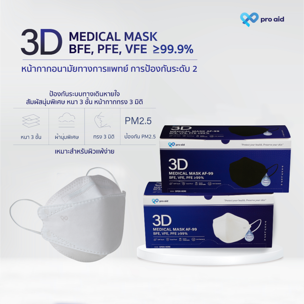 ✅PRO AID 3D [กล่อง 50 ชิ้น] หน้ากากอนามัย  V-SHAPE ORGANIC INNER LAYER ✅ผ้าชั้นในออร์แกนิก ถนอมผิวหน้า