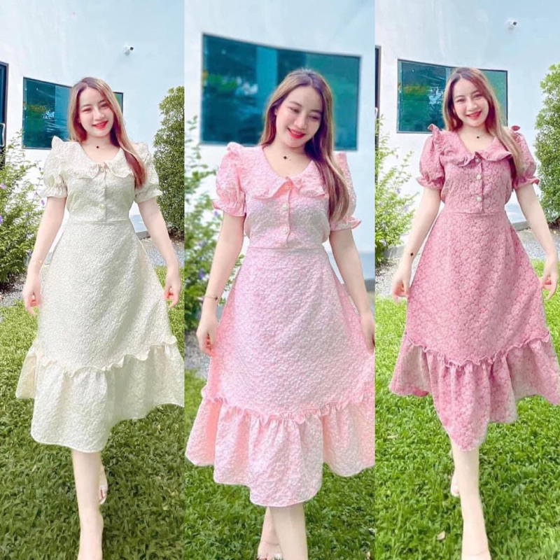 F53 เดรสผ้าลัคชูคอบัว กระดุมมุกหน้าใช้งานได้จริง เดรส ผู้หญิง Clothing
