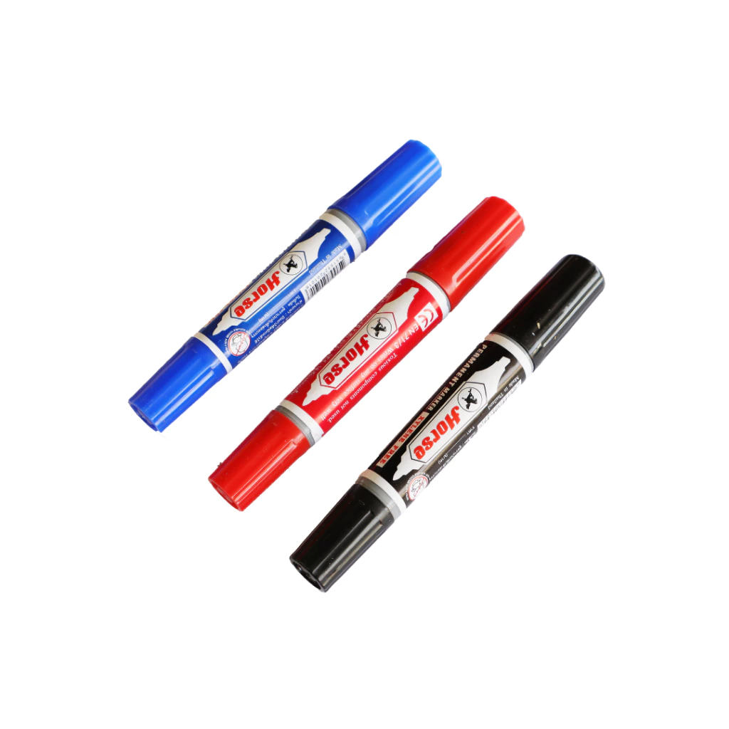 ตราม้า ปากกาเคมี 2 หัว มีสี สีดำ แดง น้ำเงิน (1 กล่อง 12 ด้าม) หมึกชนิด Permanent ลบไม่ได้