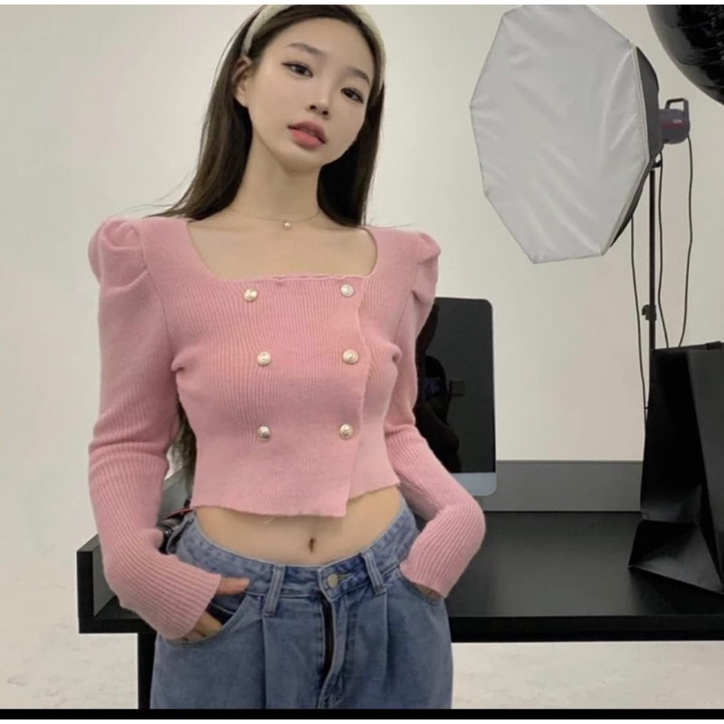 Lady_Sakura✨1472/DHL#เสื้อแฟชั่นคอเหลี่ยมกระดุมหน้า 6 เม็ด#เสื้อใหมพรมแขนยาวสไตล์เกาหลี