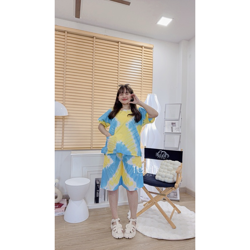 ชุดมัดย้อมสีพาสเทลแขนสั้นขาสั้นเนื้อนุ่มใส่สบาย - รูปที่ 3
