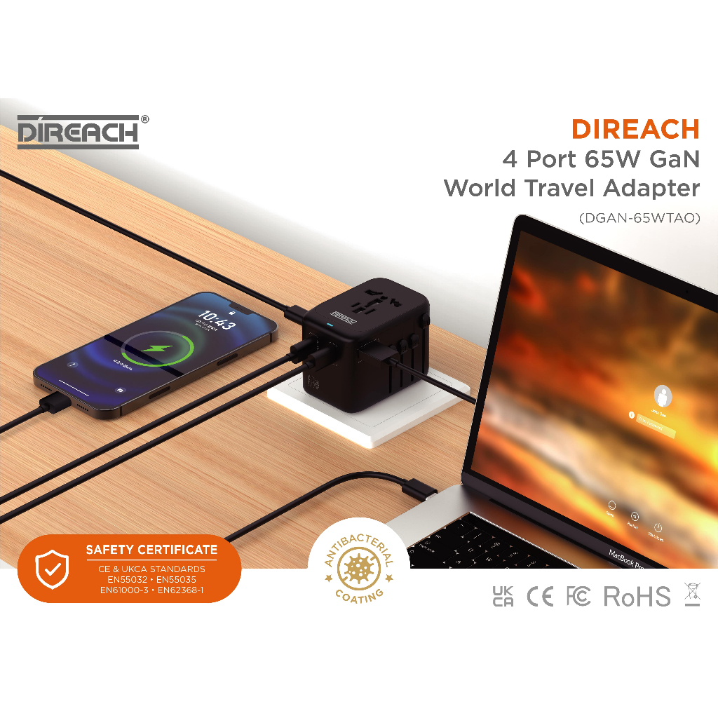 DIREACH 4 Port 65W GaN World Travel Adapter