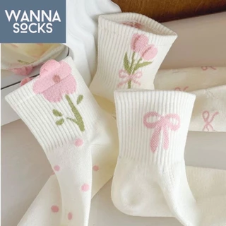 ส่งจากไทย!! ถุงเท้าผู้หญิง Lily Flower ลายดอกไม้ สไตล์เกาหลี ถุงเท้าแฟชั่น แนววินเทจ ทำจากผ้าฝ้าย B19