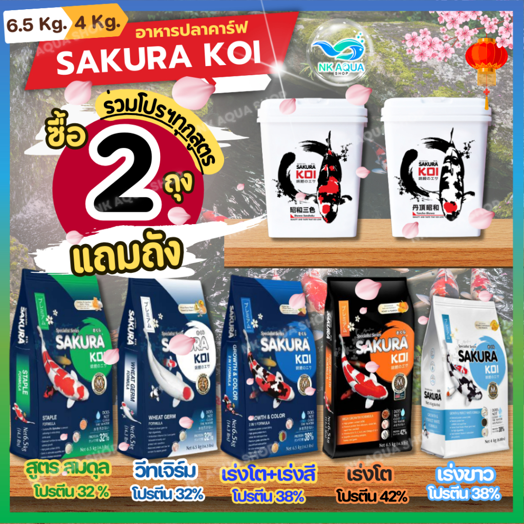 ทุกสูตร ซื้อ 2 ถุง แถม ถัง เก้าอี้ ผ้าห่ม อาหารปลาคาร์ฟ Sakura Koi (ซากุระ โค่ย) 6.5 กก. และ 4 กก.