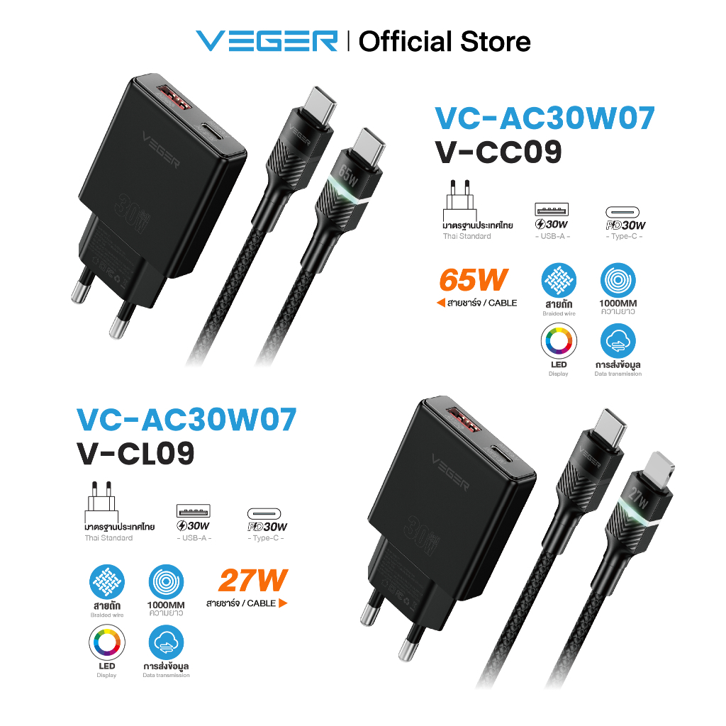 VEGER VC-30W07 & V-CL09 27W / V-CC09 65W ชุดชาร์จเร็ว หัวชาร์จ PD 30W USB-A/Type-C พร้อม สายชาร์จเร็ว LED รับประกัน 2ปี
