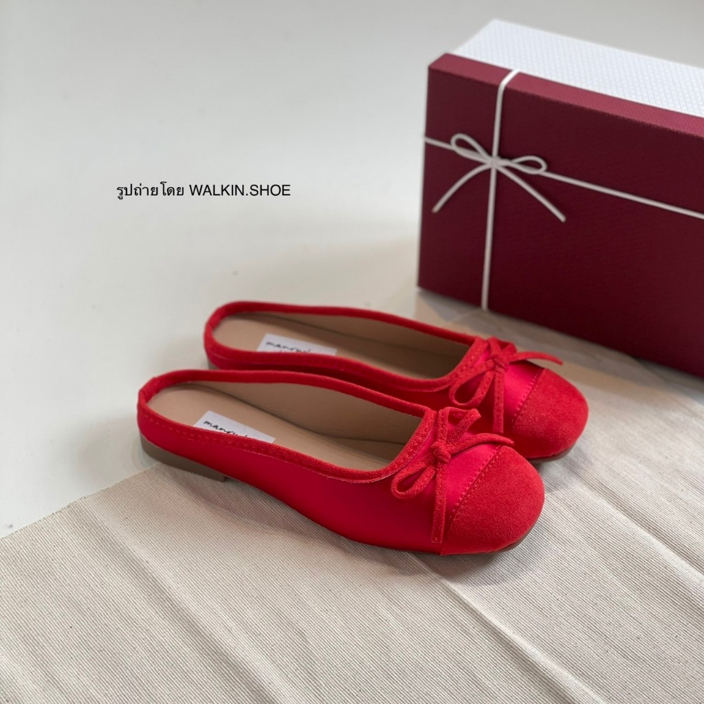 (พร้อมส่งจากไทย) รองเท้าเปิดส้นมีโบว์ สีแดง รุ่น JANE