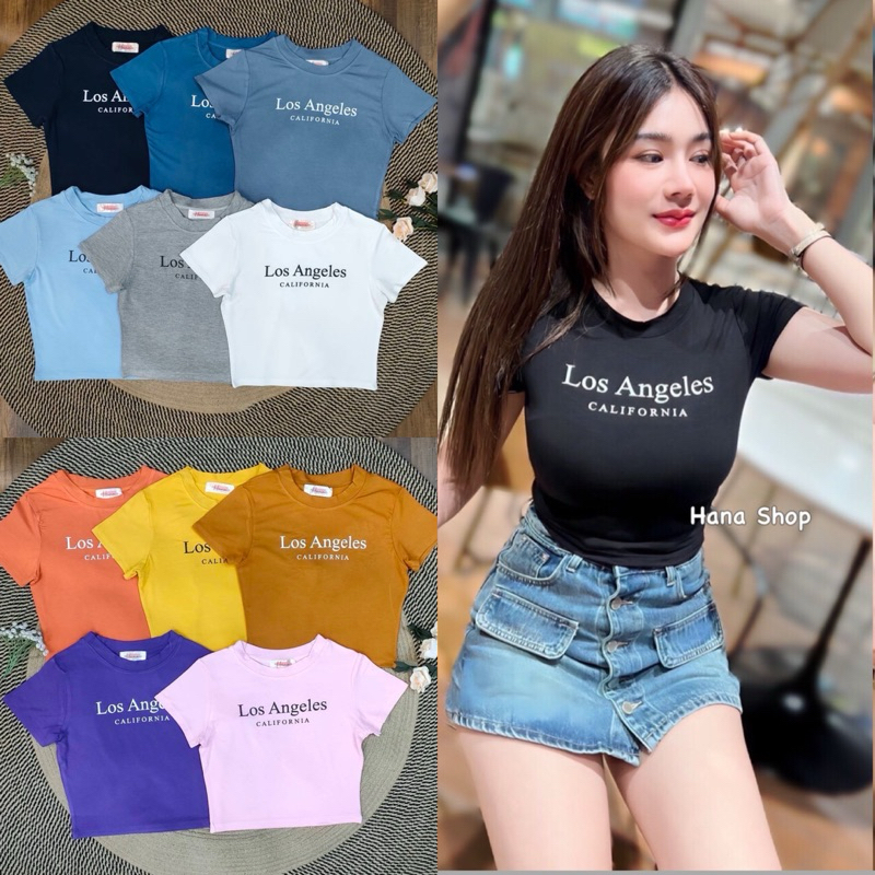 เสื้อครอปแขนสั้นLAคลาสสิก ผ้าเรยอนเนื้อหนาพรีเมี่ยมเนื้อผ้ายืดได้เยอะไม่ร้อนไม่อมเหงื่อใ