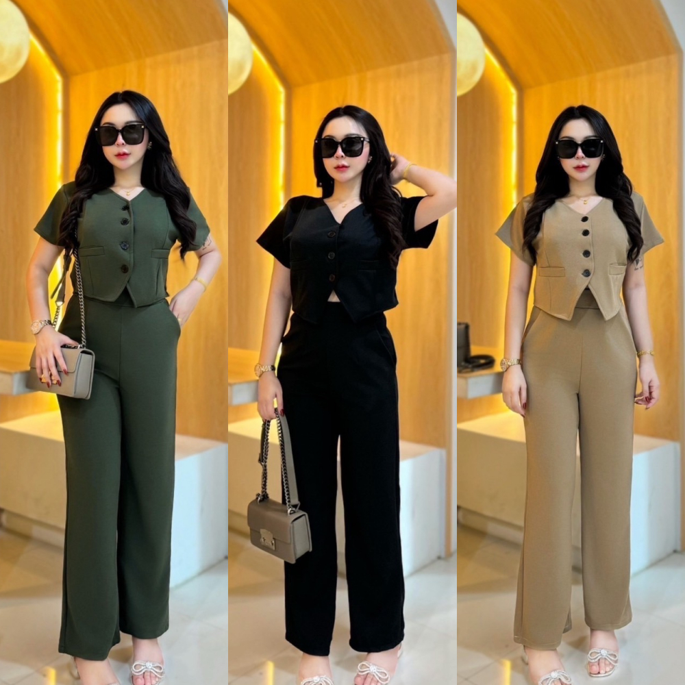 ชุดเซตผ้าวูลเวฟ เสื้อทรงสูทกระดุมหน้ากระเป๋าหน้า+กางเกง (A3,A23) A4085