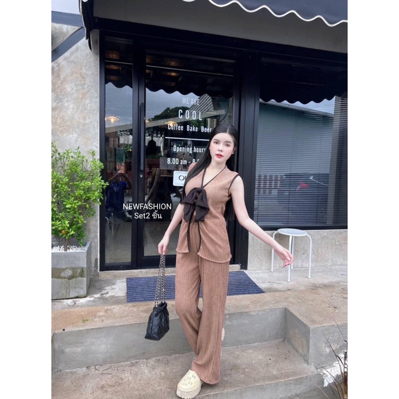 Set2ชิ้น โบว์ แต่งทรูโทน + กางเกงขายาวผ้ายืดทรงสวย