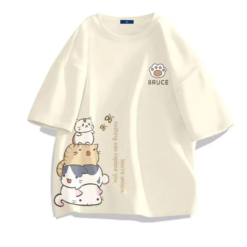 Top.street เสื้อยืด แมวน่ารัก แฟชั่น เสื้อยืด oversize ผ้าฝ้าย หลวม เสื้อกีฬา สไตล์เกาหลี unisex