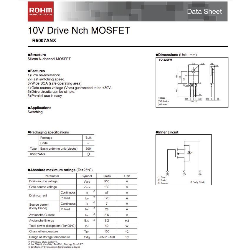 มอสเฟต R5007ANX (จำนวน 10ชิ้น) 500V 7A 40W TO-220 ROHM ของแท้