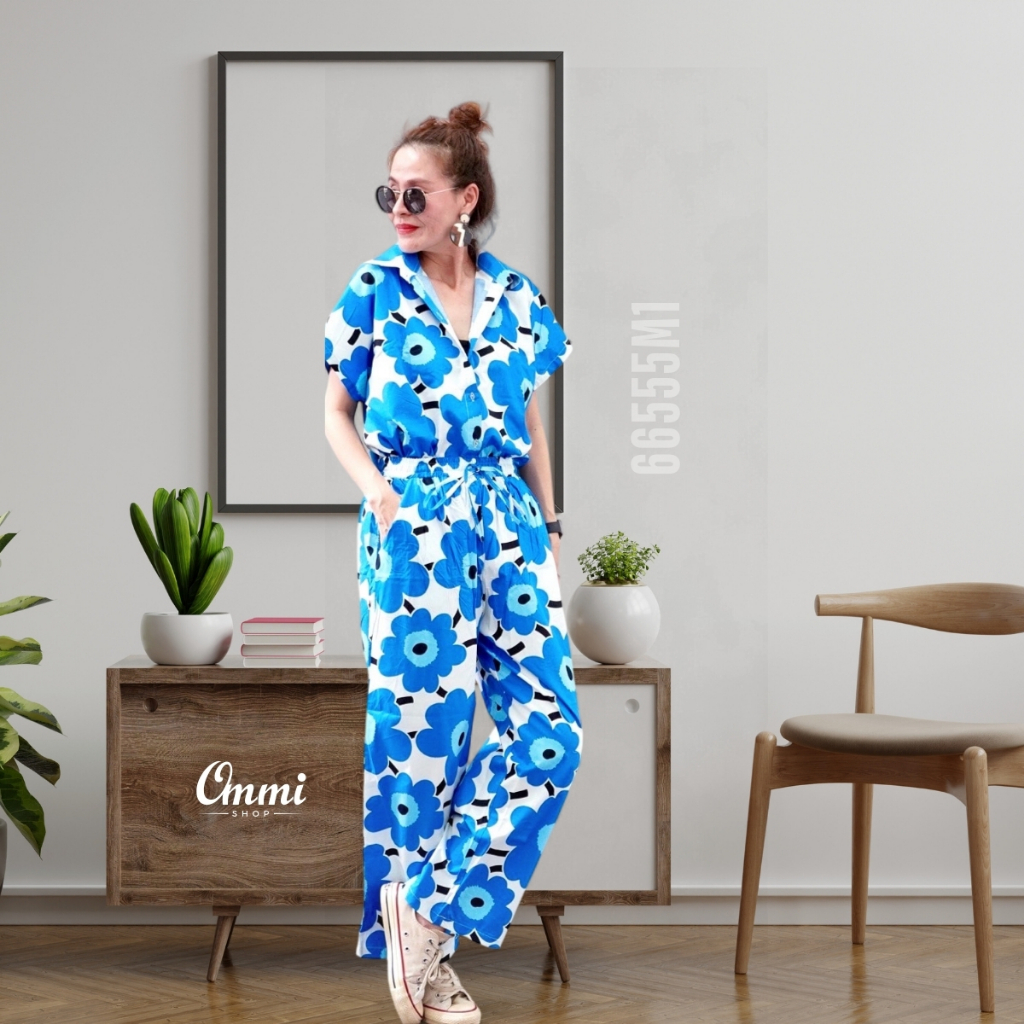 Ommishop 66555M1 ชุดเซ็ทเสื้อแขนสั้น คอปก กางเกงขายาว ลายดอก Mari มารีเมกโกะ cotton japan 100% (Bonus)