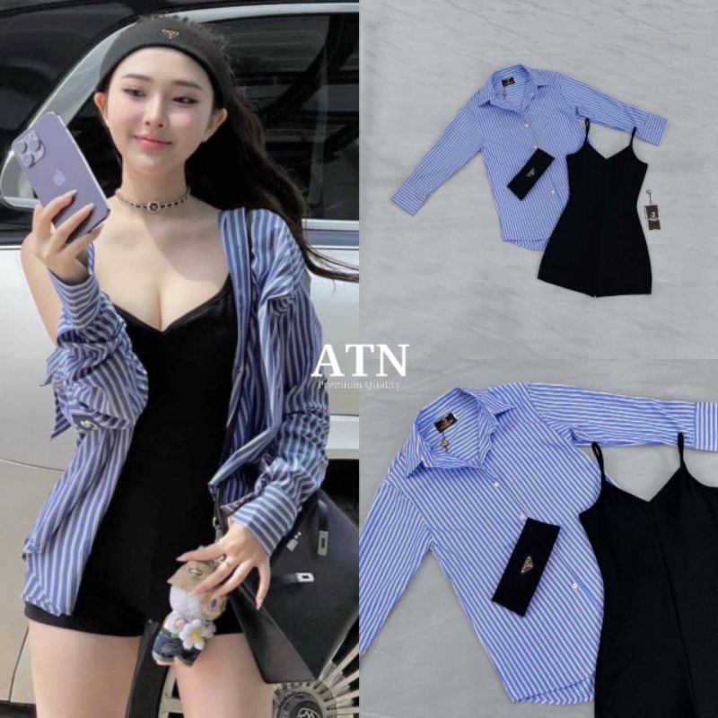 ATN ชุดset 3ชิ้น จั้มสูทสายเดี่ยว หน้าอกเสริมฟองน้ำ สายเดี่ยวปรับได้+เสื้อเชิ้ตแขนยาว+ผ้าคาดผมPrada