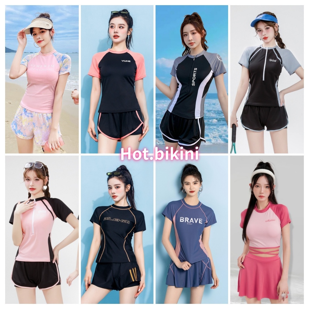 Hot.bikini🥰ส่งไวจากไทย🥰ชุดว่ายน้ำผู้หญิง ชุดว่ายน้ำแฟชั่น two piece ผ้าแห้งไว สไตล์แขนสั้น สไตล์สปอร์ต