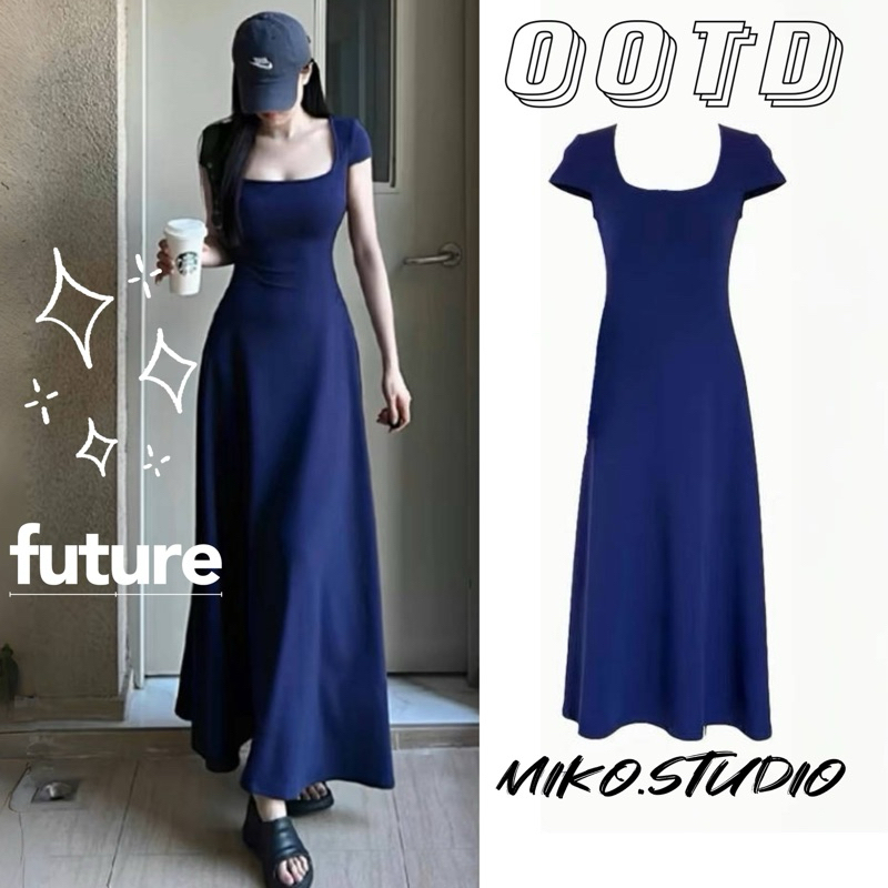 Miko พร้อมส่ง ชุดเดรสยาว เดรสออกงาน ชุดเกาหลี แขนสั้นสีพื้นY2K คอเหลี่ยม แฟชั่นผู้หญิง เอวกระชับ สไตล์เกาหลีทรงเข้ารูป
