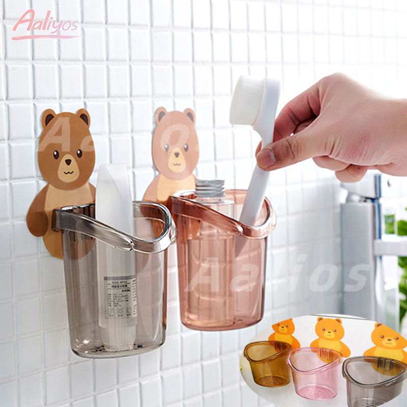 ที่วางแปรงสีฟัน ชั้นวางของในห้องน้ำติดผนัง กล่องเก็บอุปกรณ์อาบน้ำ หมีน้อย แบบไม่เจาะ