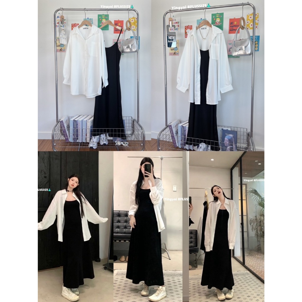 Set2ชิ้น สไตล์สาวเกาหลีเกาใจ เดรสไหมพรม+เสื้อเชิ้ตสีขาวใส่ไปไหนก็ปัง สาวอวบต้องจัดด่วน พลัสไซส์ YB