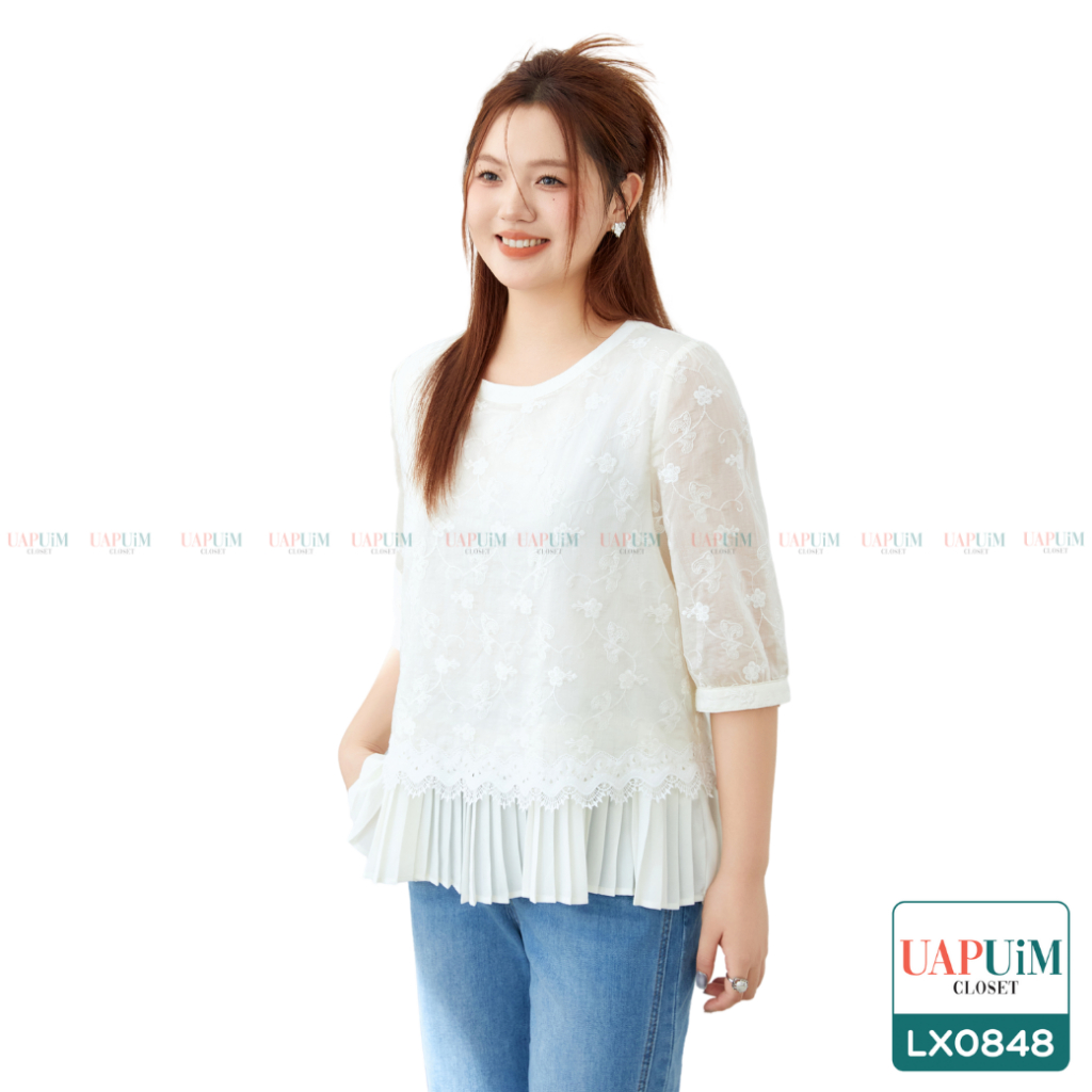 (LX0848)เสื้อแขนสั้นสาวอวบเสื้อแขนสั้นดีไซน์สุดหรู ปักลูกไม้ทั้งตัวอย่างประณีต