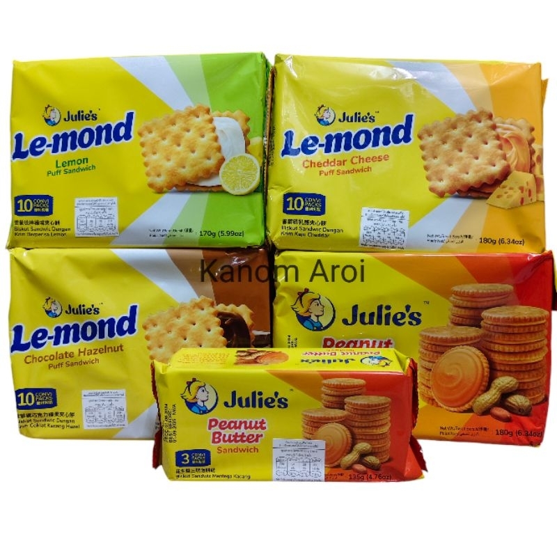 Julie's จูลี่ส์ บิสกิตสอดไส้เนยถั่ว รสเลมอน รสช็อกโกแลตเฮเซลนัท รสชีส
