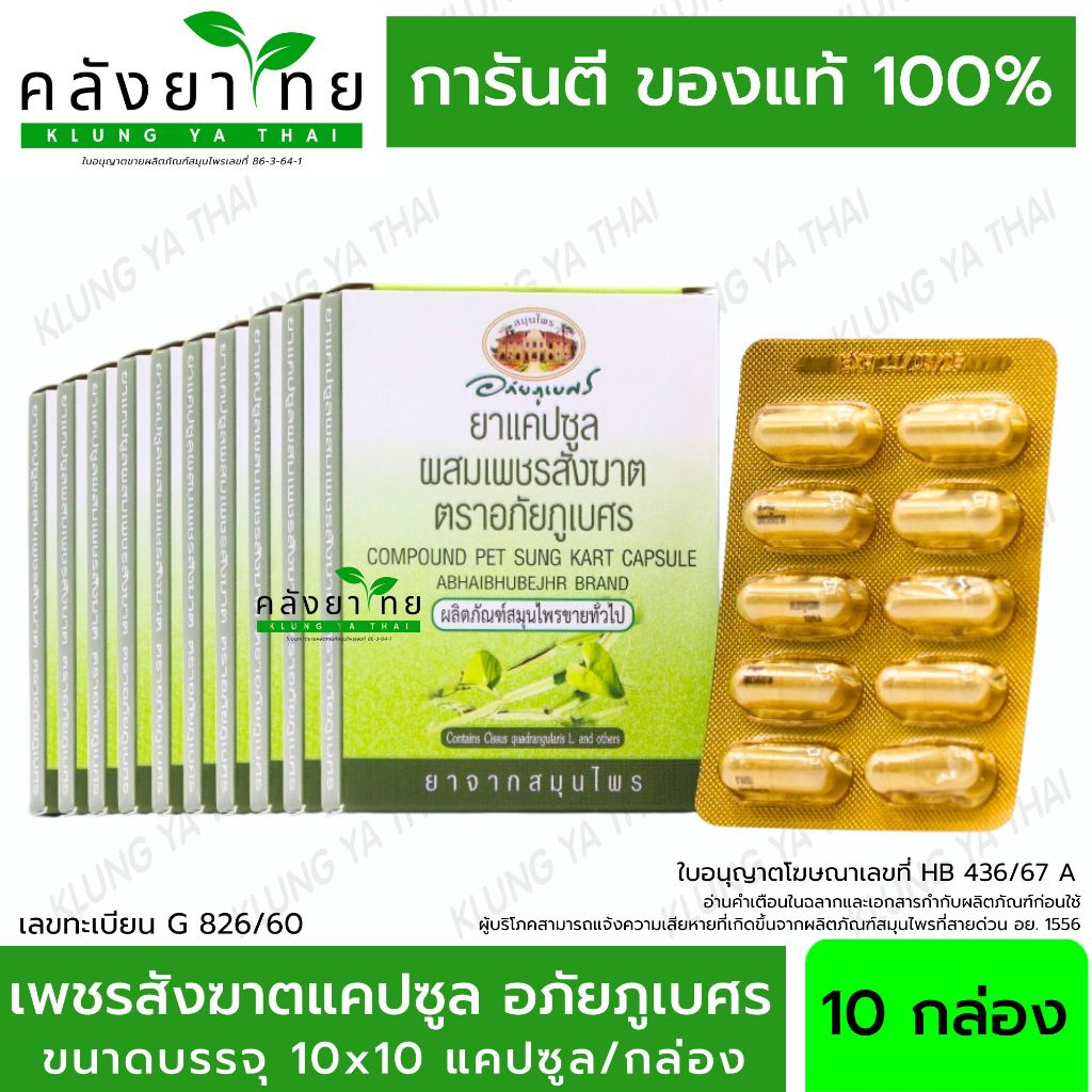 ยาแคปซูลผสมเพชรสังฆาต ตราอภัยภูเบศร ขนาดบรรจุ 10 แคปซูล (แผง) 10 แผง (ยาสามัญประจำบ้าน)