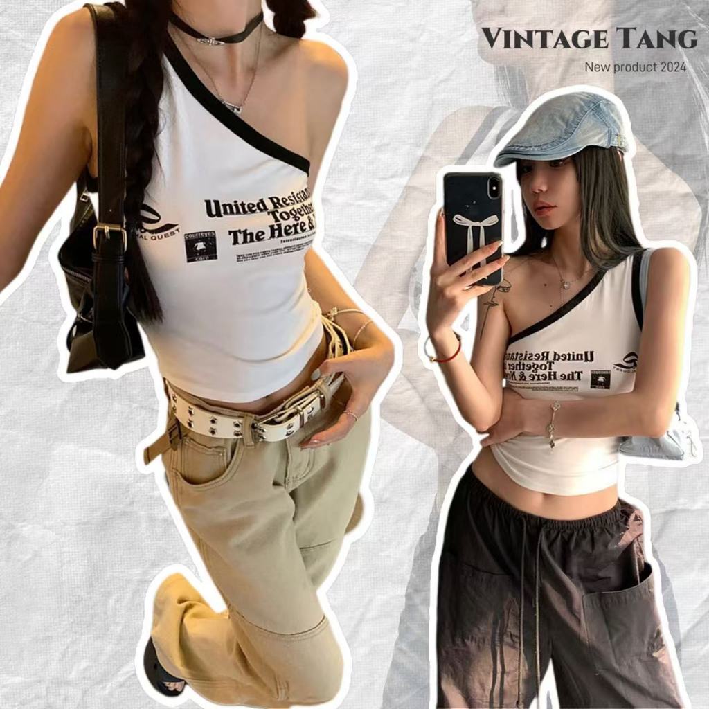 ส่งได้ทั่วไทย  สายเดี่ยวไหล่เฉียงสีขาว ลายพิมพ์ตัวอักษร สไตล์Y2Kวินเทจ เซ็กซี่สุดๆ ทรงสวยเข้ารูป ยืดหยุ่นมาก – โปรปัง