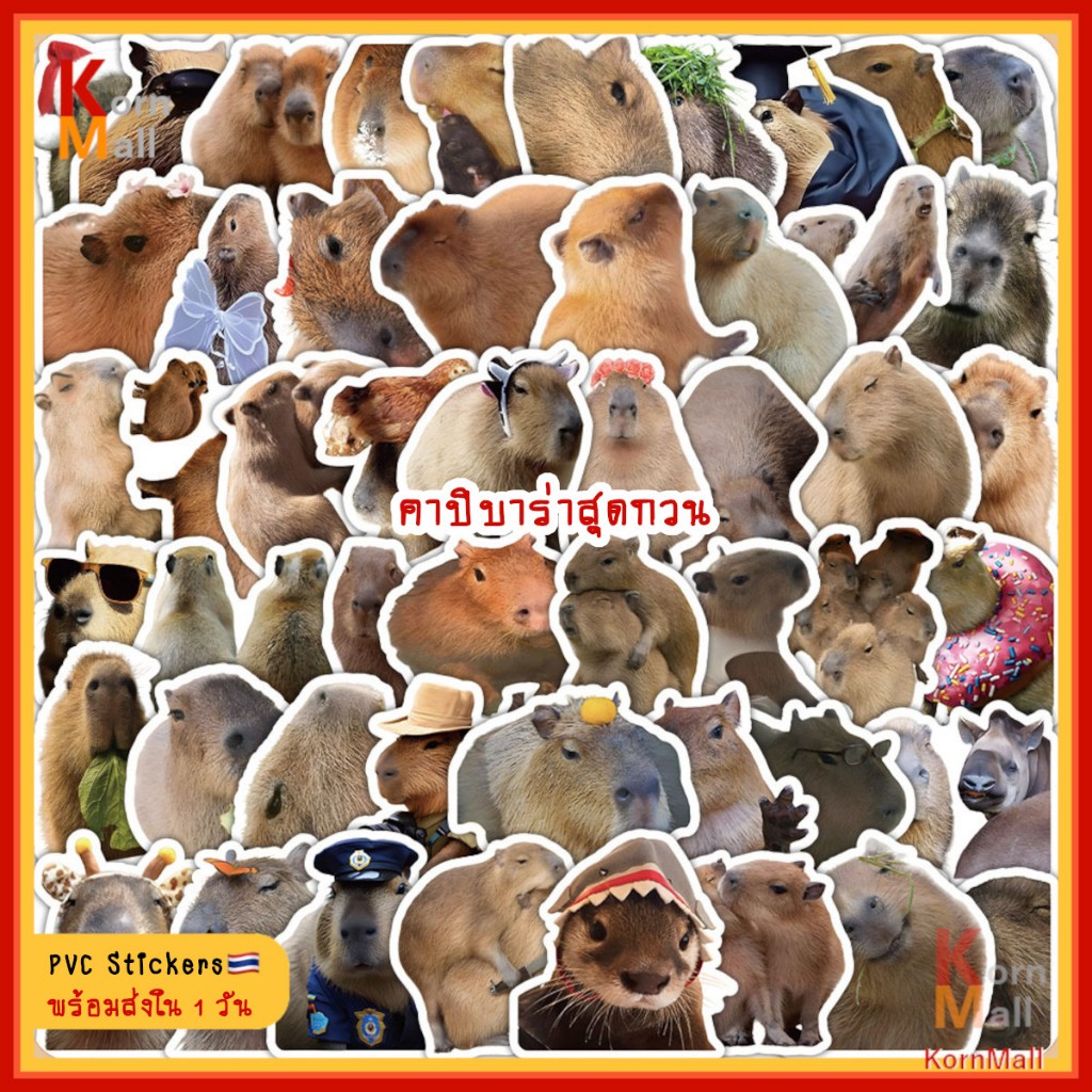 [พร้อมส่ง 1วัน] 60 ชิ้น PVC สติ๊กเกอร์ DIY กันน้ำ คาปิบาร่า น่ารัก กวน แคพิบารา หนูยักษ์ หมามะพร้าว Cute Capybara Animal