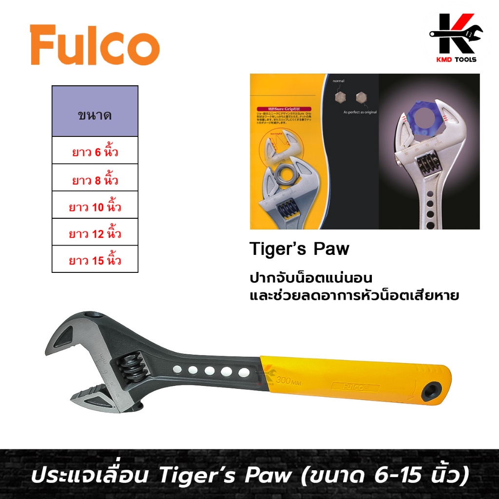 FULCO ประแจเลื่อน รุ่น Tiger’s Paw (ขนาด 6-15 นิ้ว) จับหัวน็อตแน่น ประแจเลื่อน ประแจเลื่อนใหญ่ FULCO ของแท้ 100%