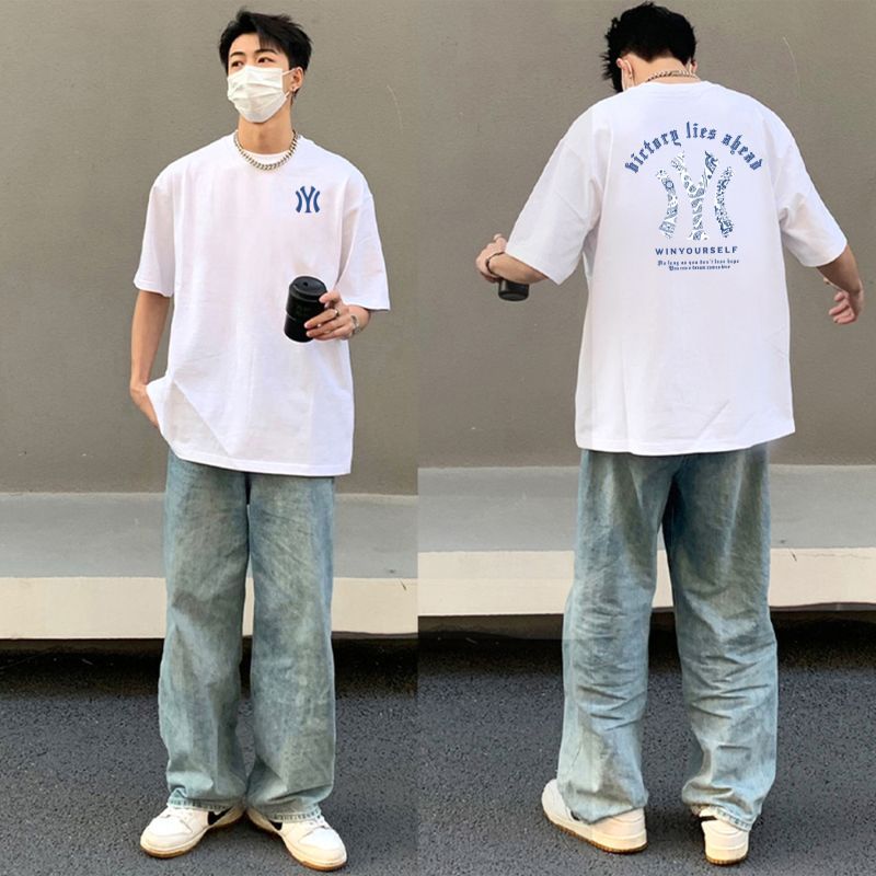 YT เสื้อแขนสั้น ผ้ายืด พิมพ์ "NY5" ผ้าฝ้าย 100% เสื้อยืดคอกลม สวมใส่สบาย ยูนิเซ็กส์ รุ่น S-4XL