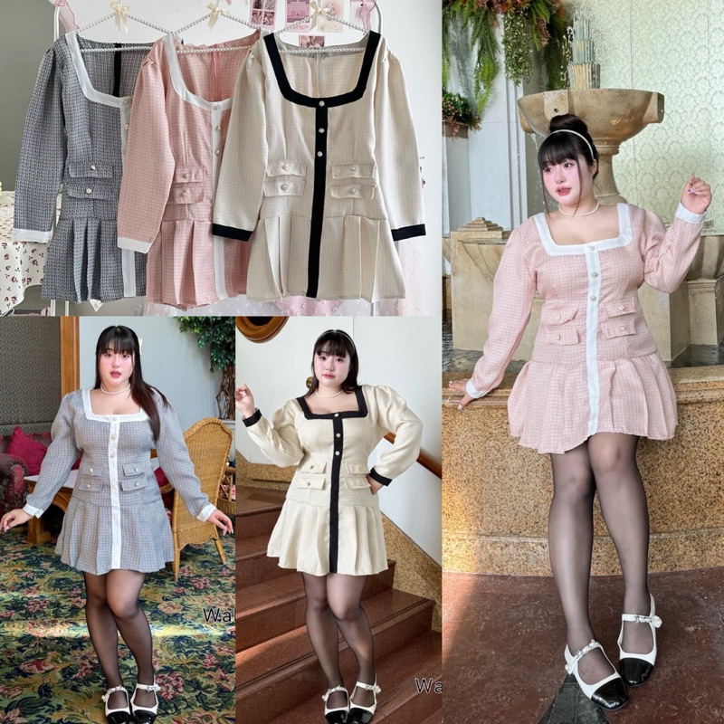 เข้าเพิ่ม พร้อมส่งค่า/WP/ เดรสสาวอวบ ผ้าทอ กระดุมดอกไม้ จีบรูดหัวแขนเสื้อ กระโปรงจับจีบ #เสื้อผ้าไซส์ใหญ่ พลัสไซส์