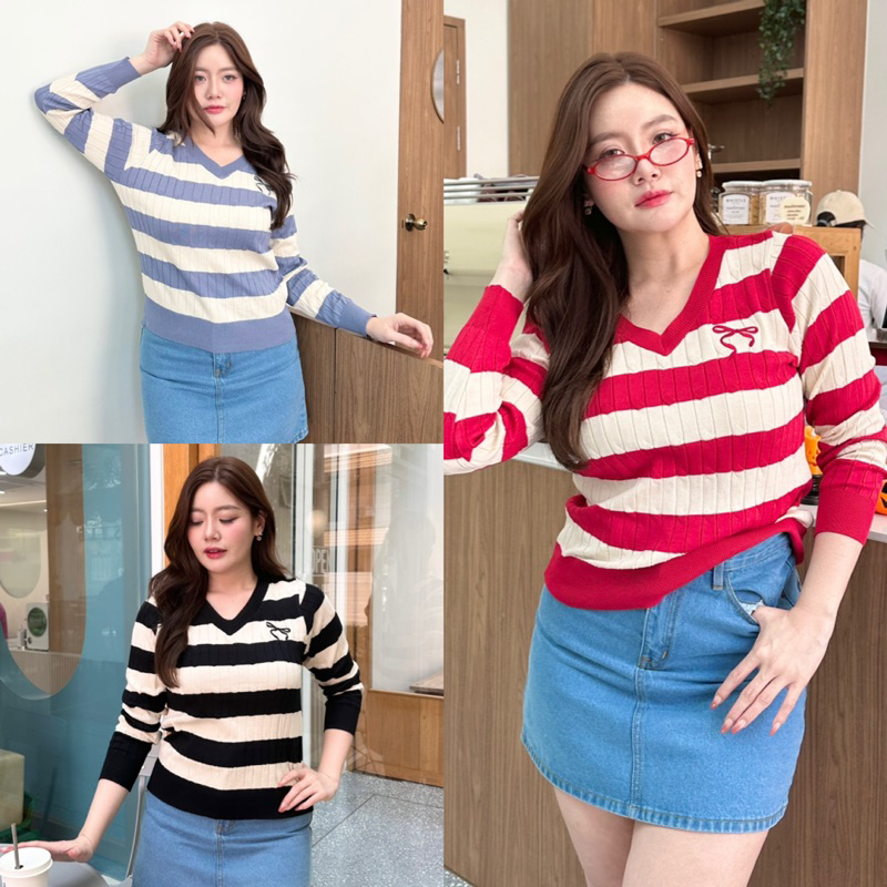 RUBY Sweater เสื้อสแขนยาวลายทาง คอวี ปักโบว์ตรงอก