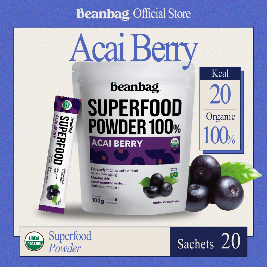 Beanbag superfood Organic Acai berry เครื่องดื่มซุปเปอร์ฟู้ด ผงอาซาอิเบอร์รี่ 100g ออร์แกนิค 100% ไม่มีน้ำตาล