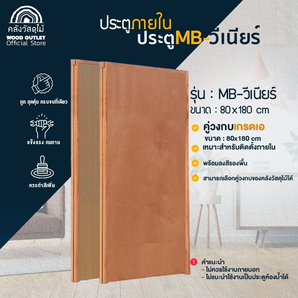 WOOD OUTLET (คลังวัสดุไม้) ชุดเซตสุดคุ้ม ประตูวีเนียร์ +คู่วงกบไม้เกรดA ขนาด 80x180 ซม. งานไม้อัด