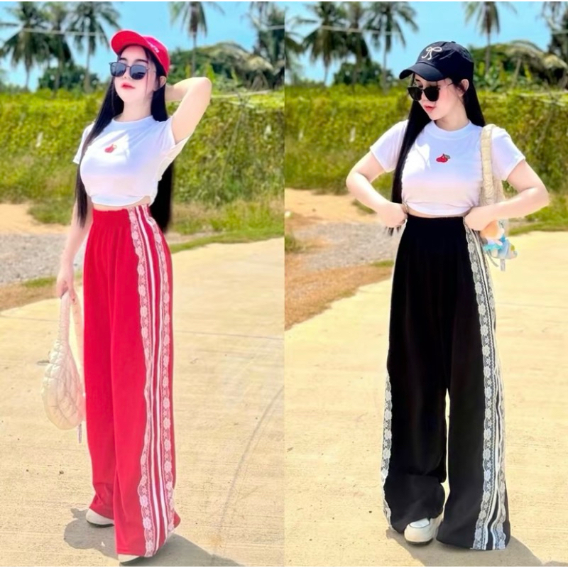 พร้อมส่ง! สวยมากกใส่แล้วดูผอม ชุดเซ็ตขายาว เสื้อครอป+กางเกงวอมแต่งแถบลูกไม้ #ป้ายkwanjai