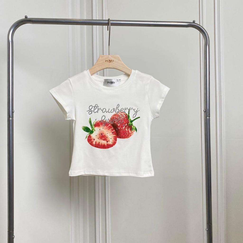 PP5689 เสื้อยืดครอปแต่งสกรีนสตอเบอร์รี่