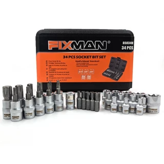 FIXMAN ลูกบล็อก 3/8" เดือยโผล่ 34 ชิ้น ลูกบล็อกดาว E & T 3 หุน ดอกจัน หัวจีบ ท็อกซ์ ดอกไขควงหัวท็อคมีรู