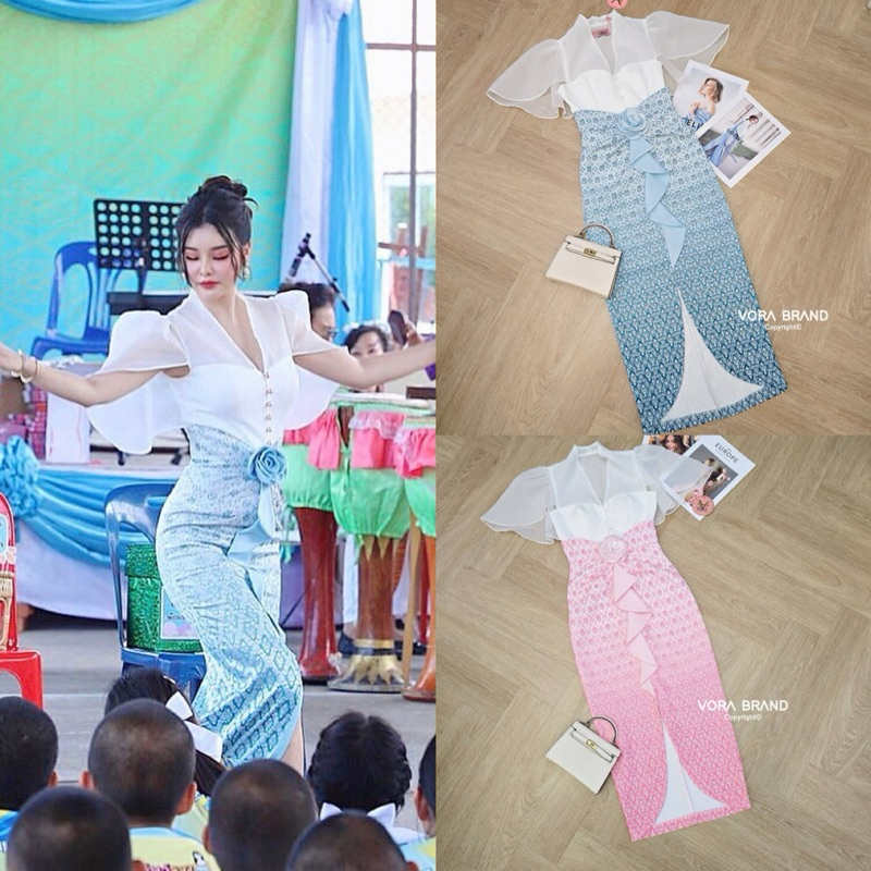 vora Set เสื้อแขนกระดิ่ง ติดกระดุมเรียงด้านหน้า มาพร้อมกระโปรงยาวเอวสูง แต่งระบายผ้าด้านหน้า ติดเข็มกลัดดอกไม้