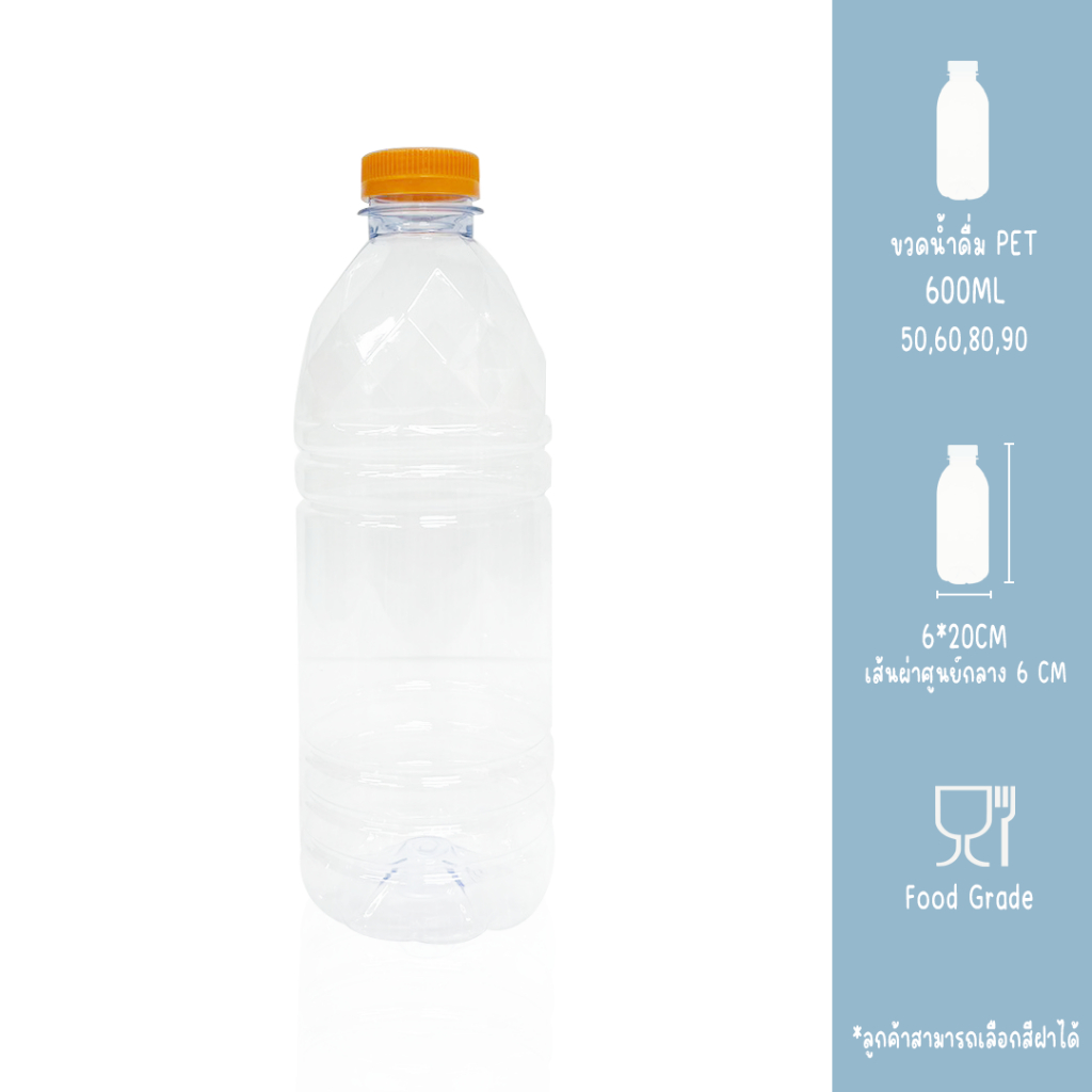 ขวดน้ำดื่ม PET +ฝาบิดขวด ลายทรงอวบ ขวดเปล่าทรงกลม ขนาด 600 ml ขวดน้ำดื่มสีใส ยกแพ็ค50-90ใบ พร้อมฝา