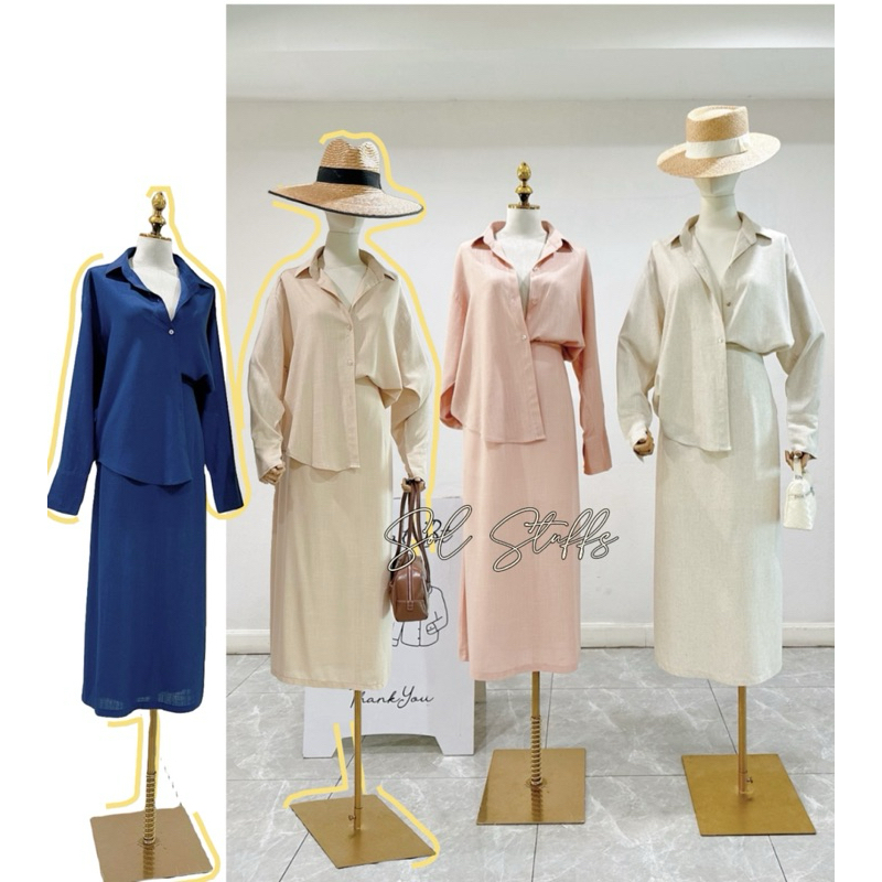 “Bamboo linen set" เซตกระโปรง ตัวเสื้อเป็นเชิ้ตoversize ใส่หลวมๆสบายๆมาคู่กับกระโปร่งทรงเอผ่าหลัง