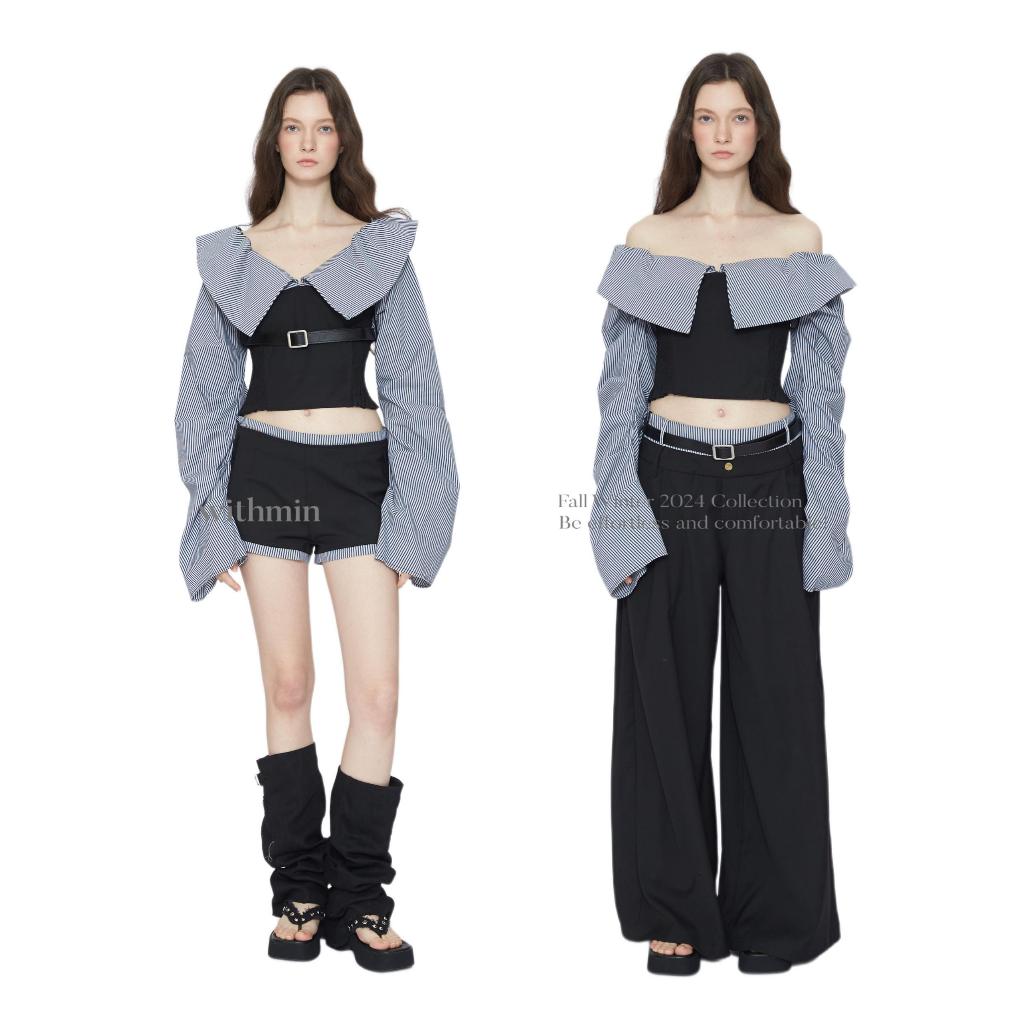 WITHMIN【ดีไซน์ต้นฉบับ】เสื้อเชิ้ตแขนยาวดีไซน์เก๋แบบเปิดไหล่ แมต์ช์กับกางเกงขากว้างลายทางสไตล์ลำลอง