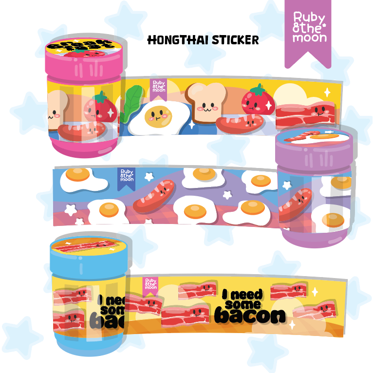 Bacon&egg Hong Thai sticker : สติกเกอร์ติดขวดยาดมหงส์ไทย ลายอาหารเช้า เบค่อน ไข่ น่ารักสุดๆ 25g.