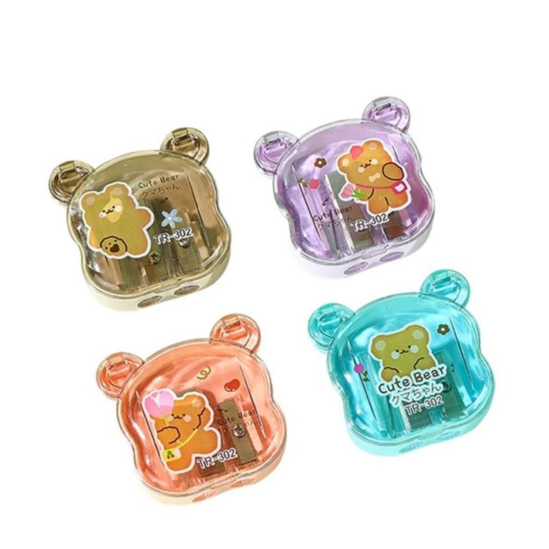 กบเหลาดินสอ รูปหมีน้อยน่ารัก cute bear มีสองรูกบเหลาด้วยตัวเอง สำหรับนักเรียน สามารถเหลาดินสอเขียนคิ้วได้