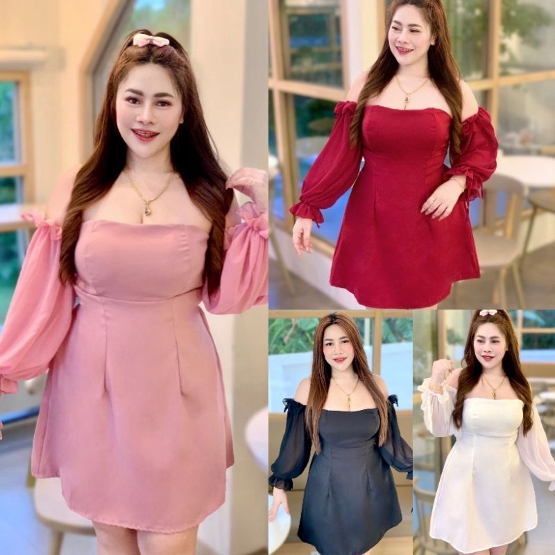 Z73 เดรสปาดไหล่สาวอวบแขนชีฟอง อก38-46” เอว30-42” สพ.ฟรีไซส์