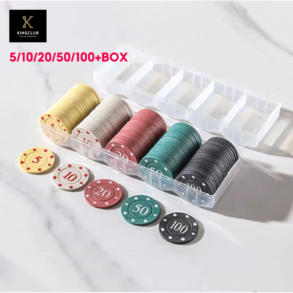 จัดส่งจากประเทศไทย🎁มาพร้อมกล่อง（100pcs）ที่มีคุณภาพสูงเหรียญพลาสติก 5/10/20/50/100 มาพร้อมกล่อง อุปกรณ์ประกอบฉากเกมบนโต๊ะ