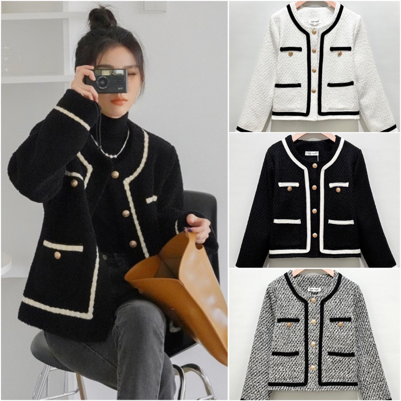 พร้อมส่ง เสื้อทวีตแขนยาว แต่งแถบเสื้อทั้งตัวเล่นสีทูโทนสไตล์ขาว-ดำ มีกระเป๋าที่เอวใช้กระดุมสีทอง