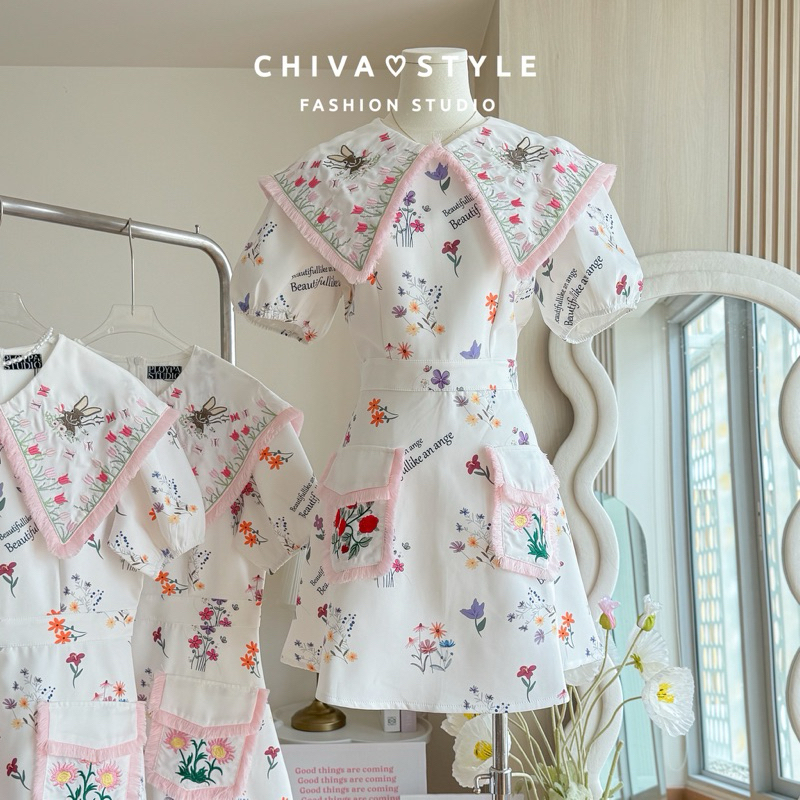 -𝐂𝐡𝐢𝐯𝐚- พร้อมส่ง Blooming Dress | เดรสทรงคอปกใหญ่ ปักดอกไม้ (ผ้าพรีเมียม)