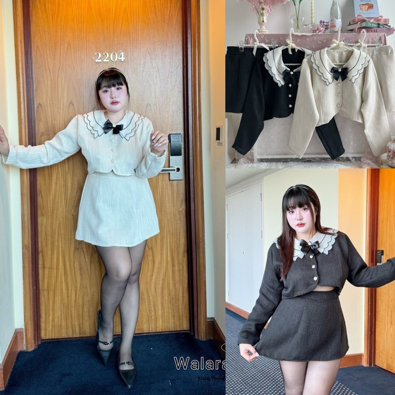 เข้าเพิ่ม พร้อมส่งค่า /WP/ ชุดเซ็ตสาวอวบ งานผ้าทอ คอปกแต่ง เข็มกลัดโบว์ กระดุมดอกไม้ น่ารักไปหมด #สาวอวบอ้วน