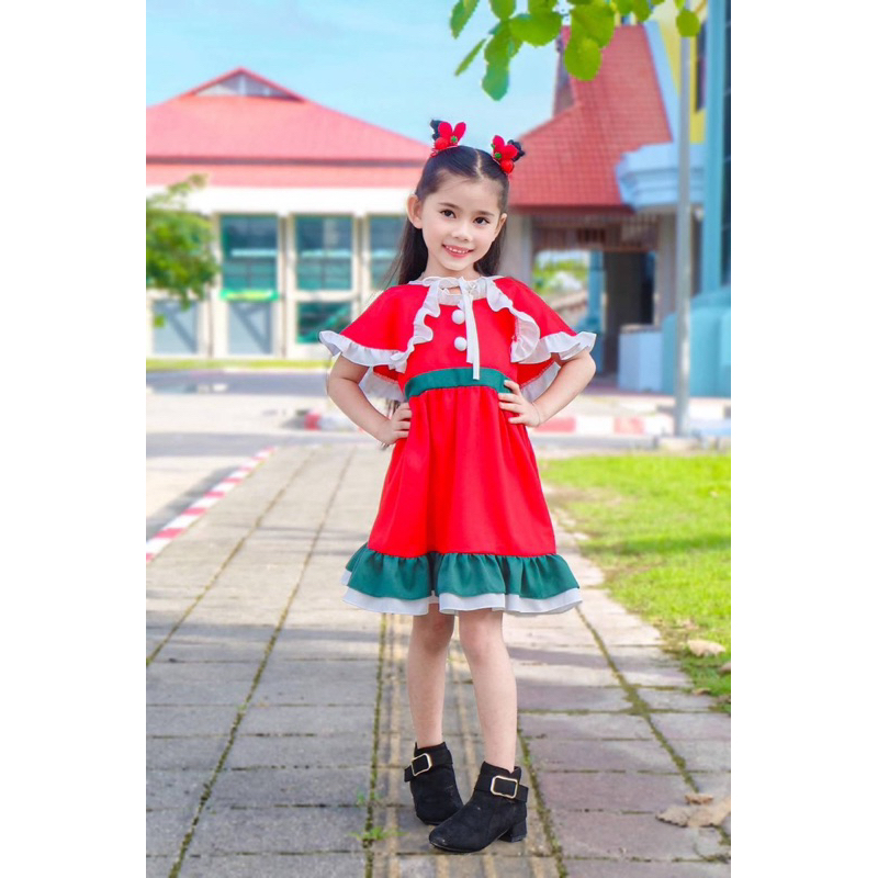 เดรสคริสมาสต์ กระโปรงเดรสสีแดงมีผ้าคลุม